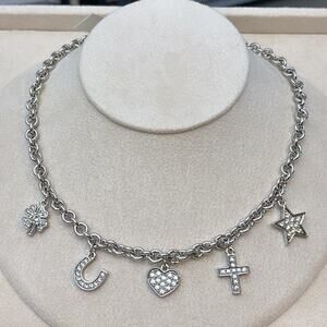 Nina Ricci Rhodium Plated Crystal Charm Necklace Heart Cross Star Horseshoe